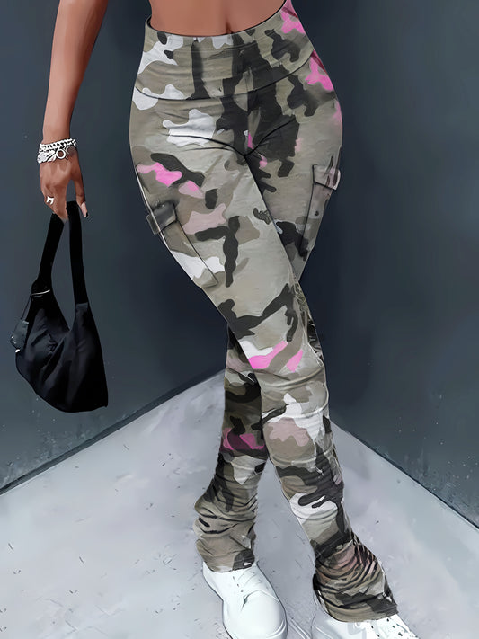 Elegant Camo Print High-Waist Leggings with Side Pockets for Women - Stretchy & Comfortable, Perfect for Spring/Summer/Fall