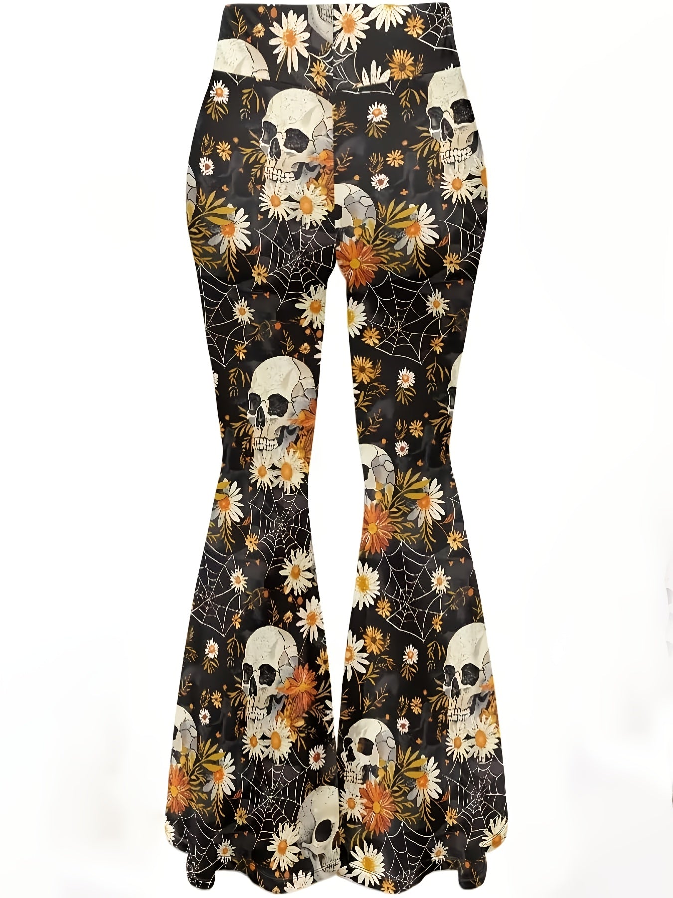 Women'S Gothic Floral pants - High-Waisted Stretchy Flare Leg Pants with Bell Bottoms, Black/Orange/White Floral Print - Edgy Y2K Outfit for Concerts, Parties, Casual Attire - All-Season Stretch Jeans, Party Attire, Comfortab