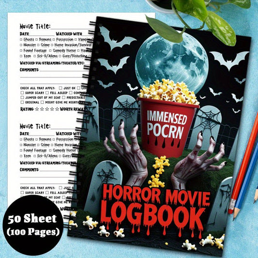 1pc Horror Movie Logbook - Spiral Coil Notebook for Film Reviews, Watching Notes & Cinephile Gifts, 50 Sheets (100 Pages) with Vintage-Inspired Design, Perfect for Buffs & Lovers of Thriller Movies, Movie Review Journal | Spi