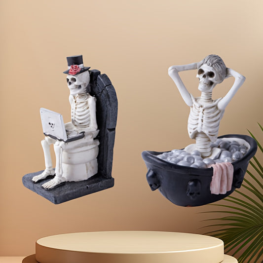 2pcs Gothic Resin Skull Girl & Skeleton Observer Figurines - Sitting & Standing Pose Decor with Black Dress, Glasses & Red Top Hat - Indoor/Outdoor Halloween, Christmas, Easter, Mummy's Tomb Party Decorations (Durable Resin O