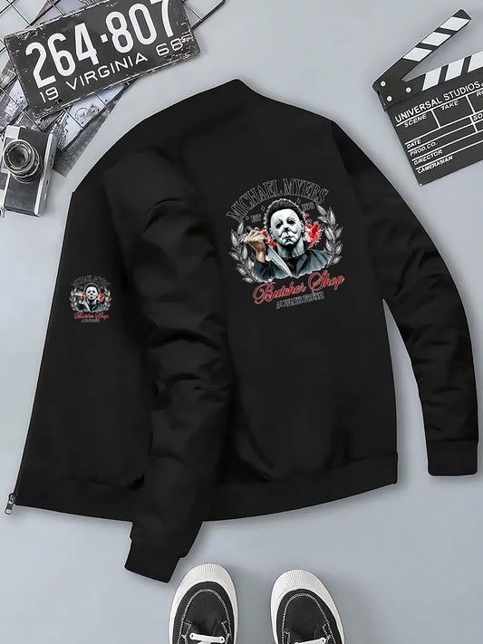 Men's Michael Myers Halloween Horror Graphic Bomber Jacket - Slim-Fit Zipper Closure, Stand Collar & Butcher Shop Print - Casual Winter Coat for Themed Events & Casual Attire (Machine Washable), Streetwear Fashion, Trendy Out