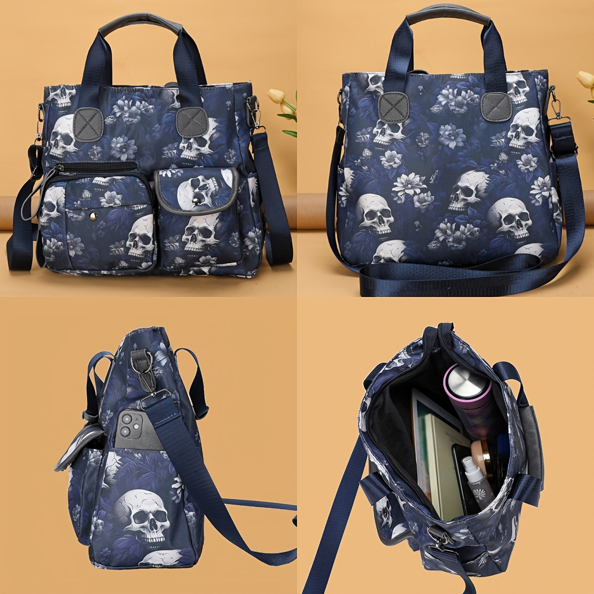 Perfect Lily Women's Punk Style Skull & Floral Print Crossbody Tote Bag - Red/Blue Nylon Multi-Pocket Handbag with Detachable Adjustable Shoulder Strap, Zipper Closure & Polyester Lining for Daily Commute, Work, Casual Outing