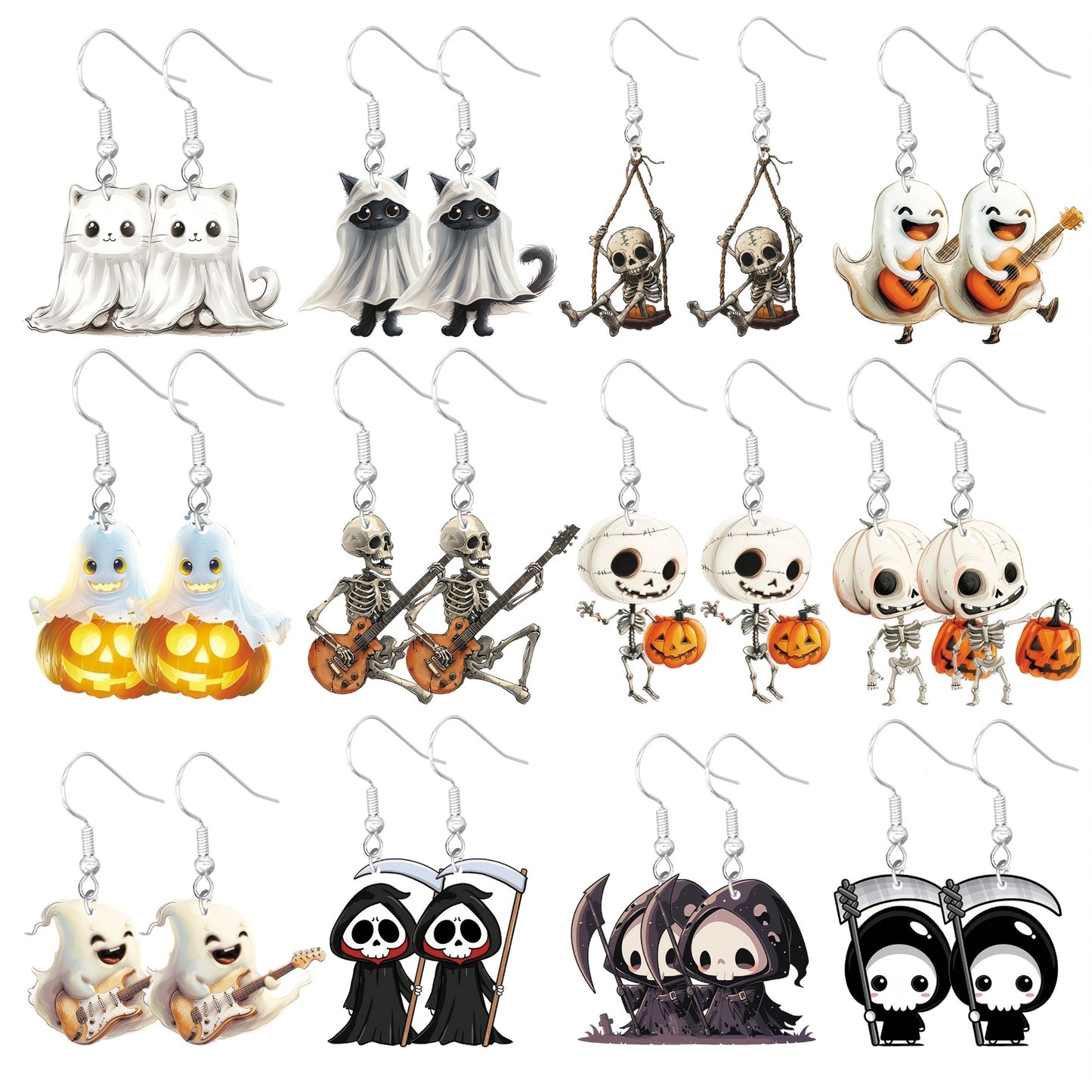 12 Pairs of Halloween Earrings Featuring Adorable Mummies, Pumpkins, Cats, Skulls, And Death Patterns, Cartoon-Style Pendant Earrings Made of Acrylic Material.