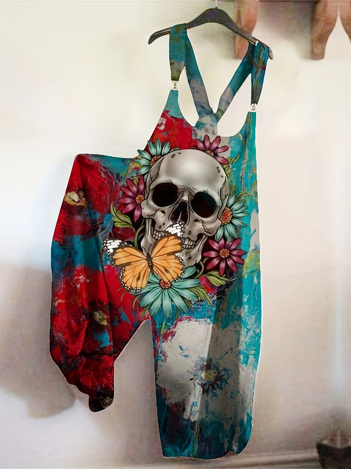 Women's Punk Skull & Floral Print Sleeveless Jumpsuit - Gothic Loose-Fit Overalls for Casual or Party Wear, Vibrant Red & Blue Design with Butterfly Accents