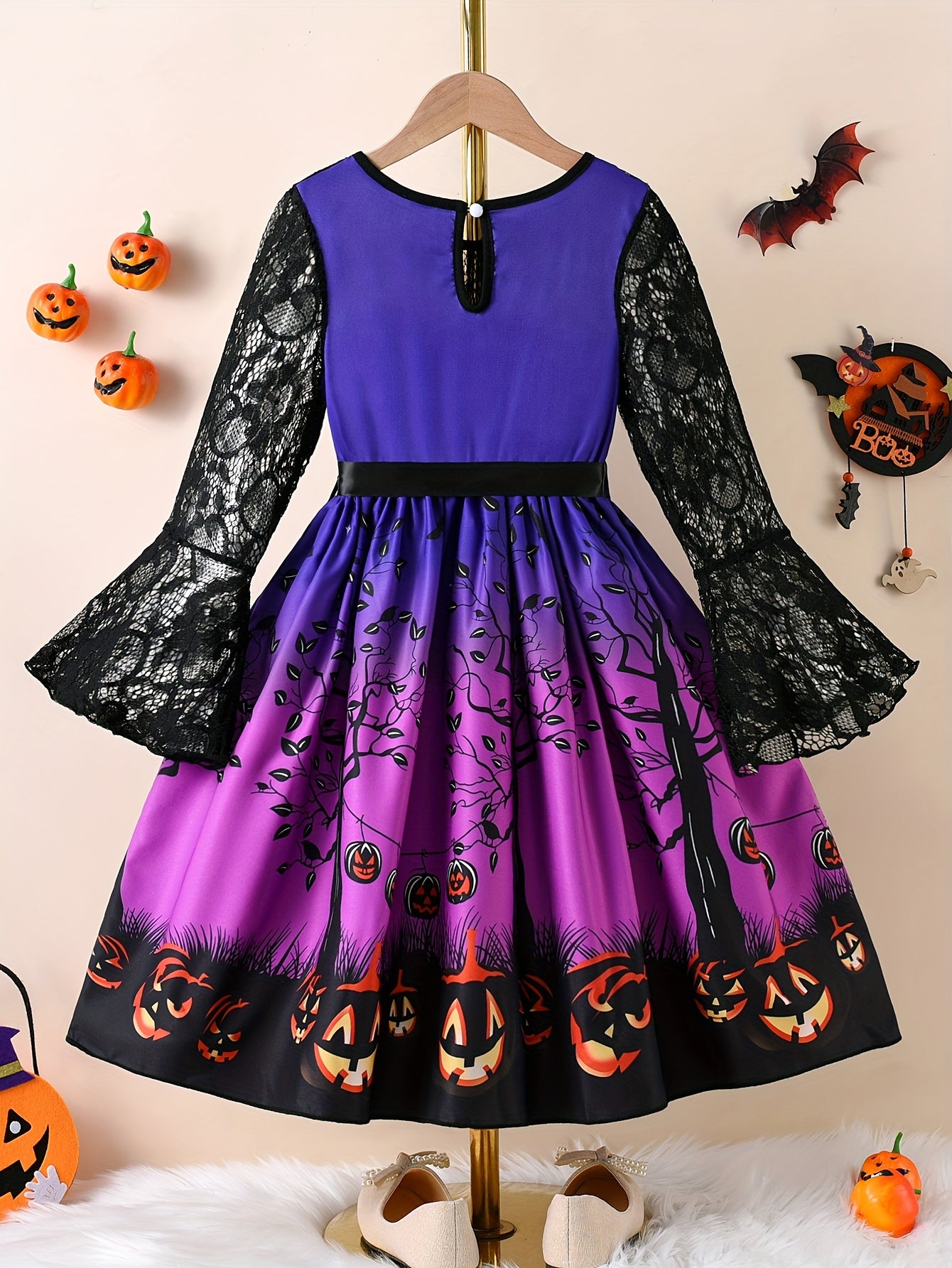 Girls' Autumn New Halloween Element Print Spliced Lace Long Sleeve + Drawstring Fashion Dress - The Best Choice for Halloween Gifts for Girls