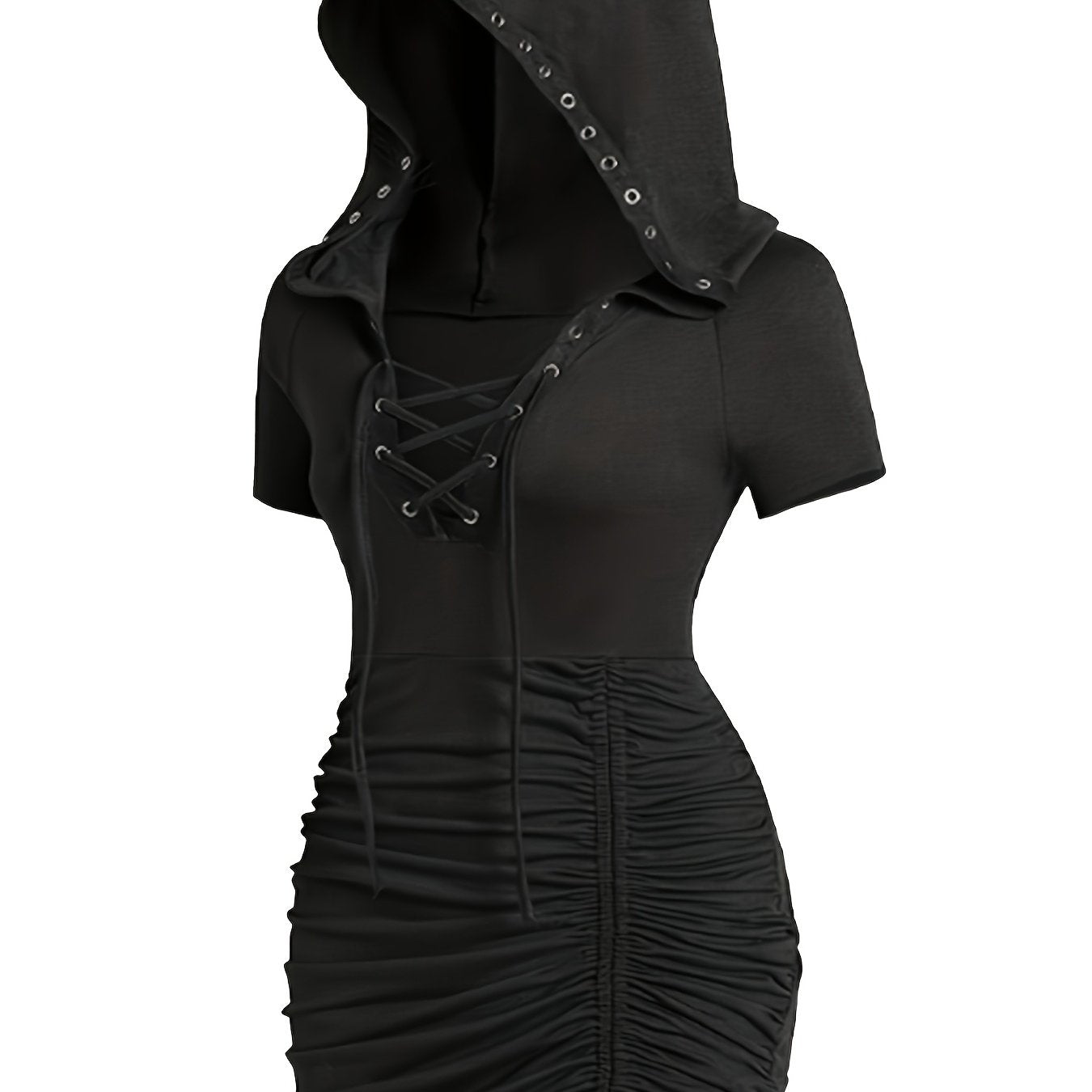[Gothic Plus-Size Dress] Gothic Dark Style Plus-Size Black Lace-Up Ruffled Short-Sleeve Hooded Dress