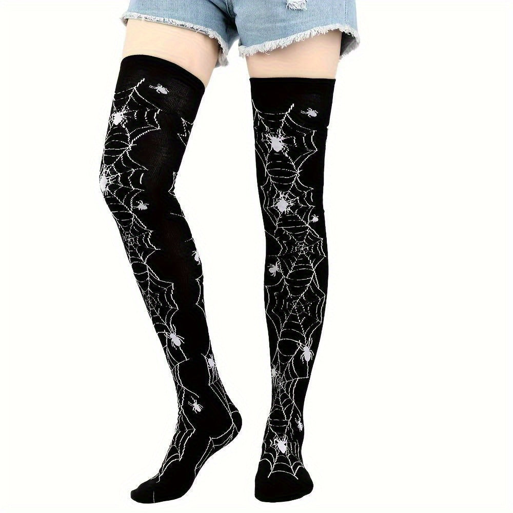 [Halloween-themed Women's socks] 3 pairs of Halloween-themed skull and bat full-body print funny Women's over-the-knee socks, soft, comfortable, tight and high-stretch socks, suitable for parties and daily wear
