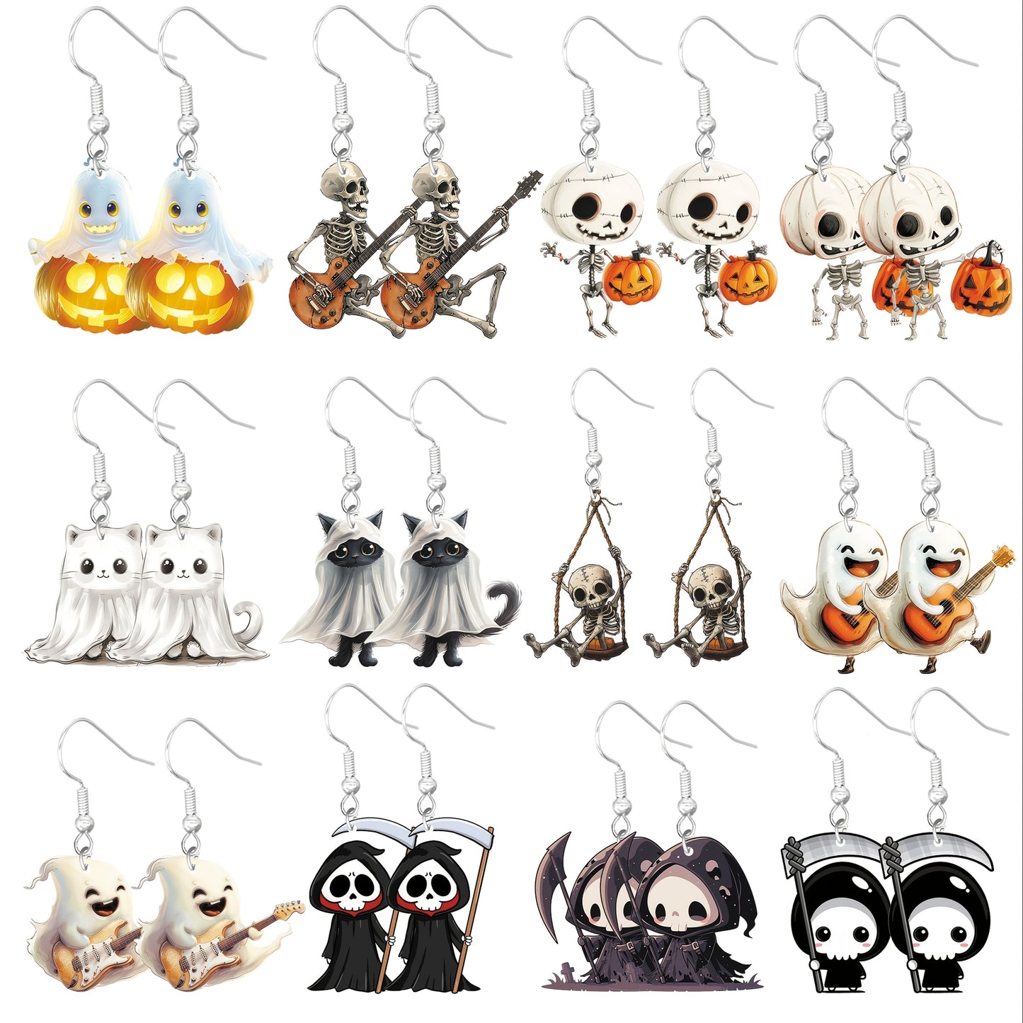 12 Pairs of Halloween Earrings Featuring Adorable Mummies, Pumpkins, Cats, Skulls, And Death Patterns, Cartoon-Style Pendant Earrings Made of Acrylic Material.