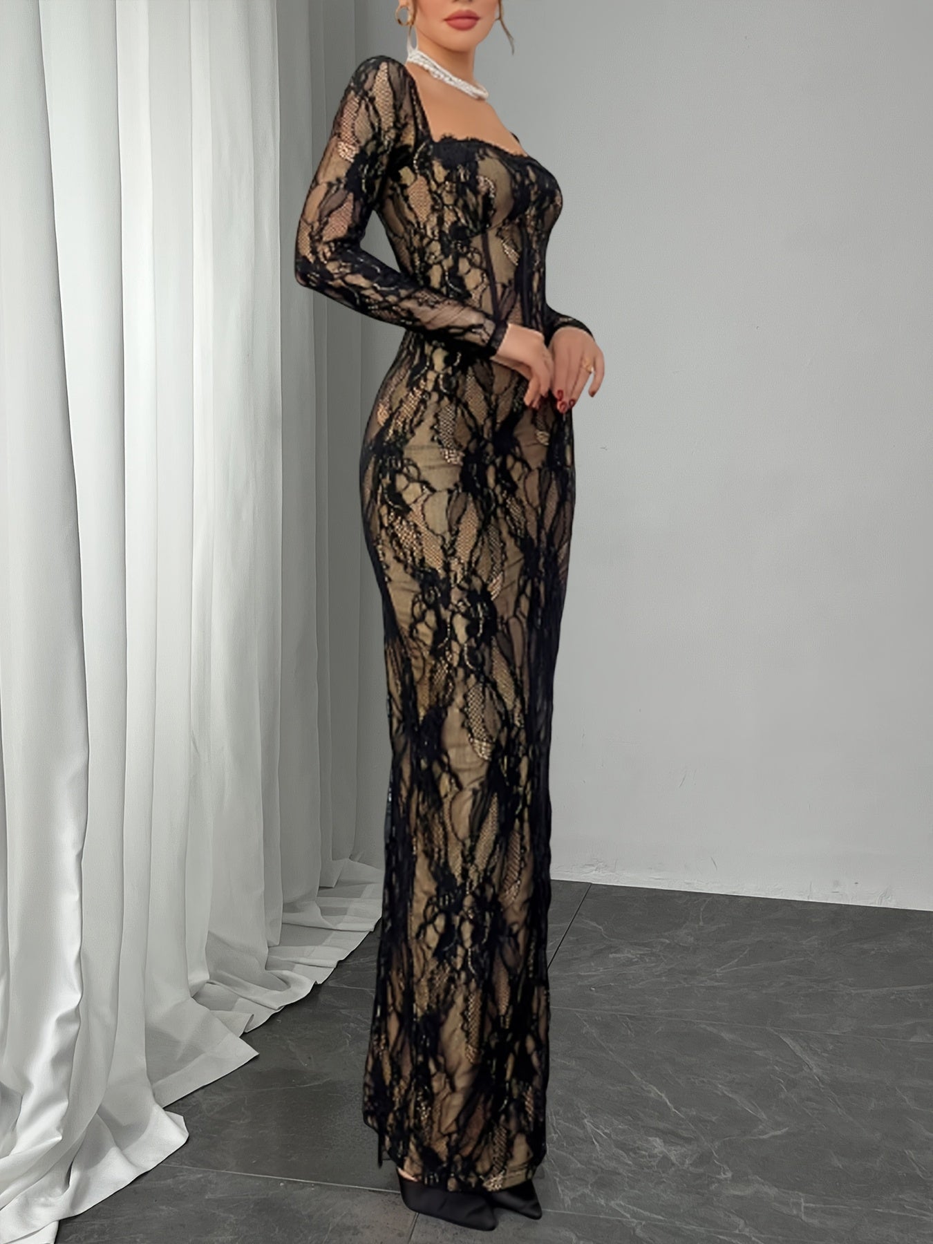 Autumn New Arrival: Elegant and Sensual Women's Evening Gown Halloween & Christmas Party Lace Design Fitted Bodycon Long Sleeve Maxi Dress