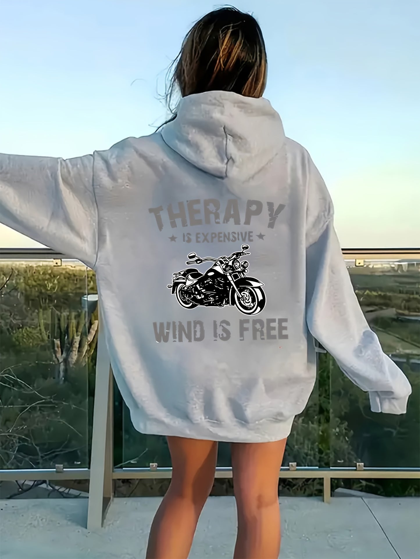 Women's Motorcycle-Themed Biker Jacket - Full-Zip Hooded -like Polyester Coat with Motorcycle Rider & " is Expensive, Wind is Free" Slogan, All-Season Casual Outerwear for Motorcycle Riding, Travel & Casual Attire - Machine W