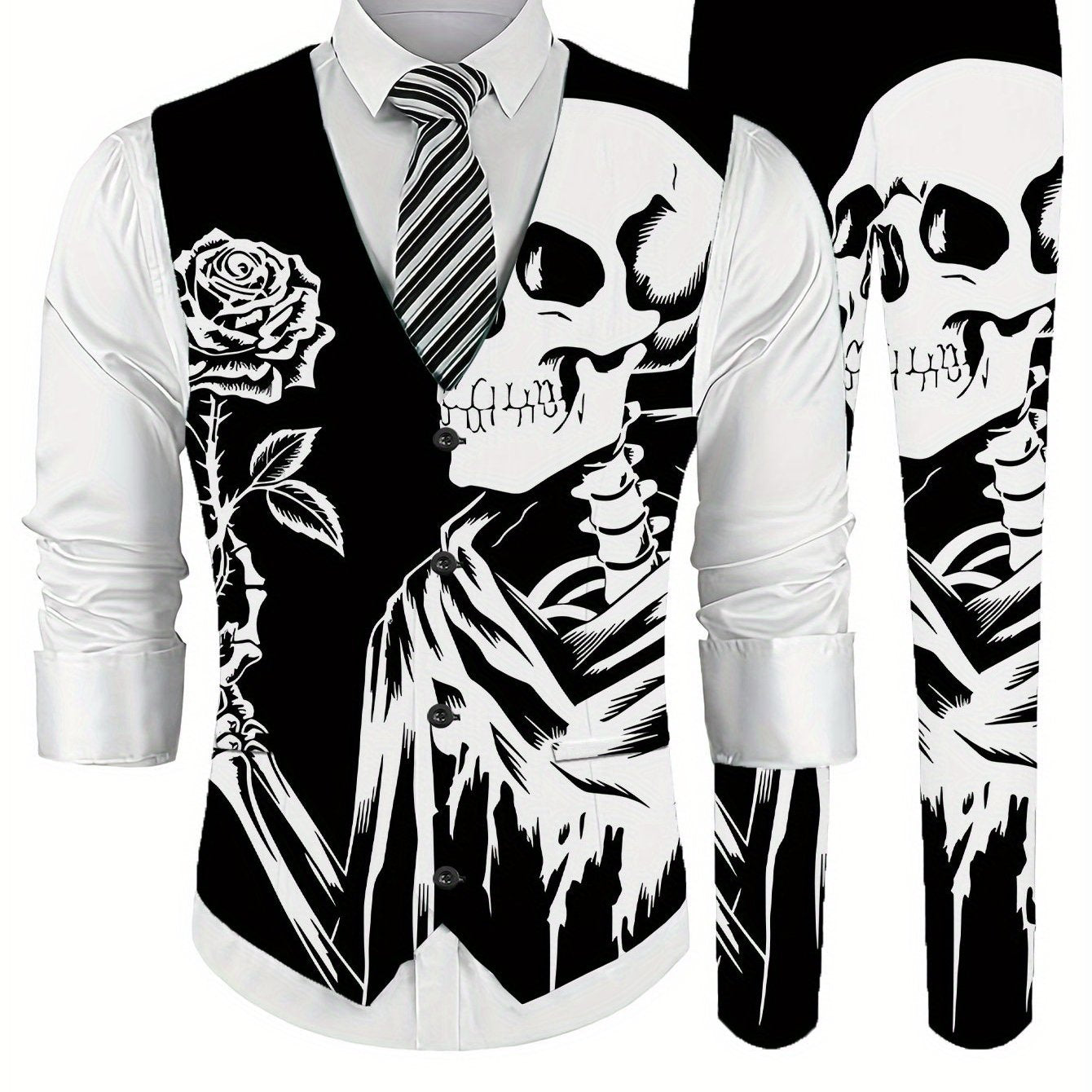 [Gothic Style Vest Set] 2pcs Men's Fashion Vest + Trousers Set | Black and White Double-Skeleton Element Rose Gothic Style Business Formal Printed Suit Vest and Pants Combination Digital Print Men's Dress Suit