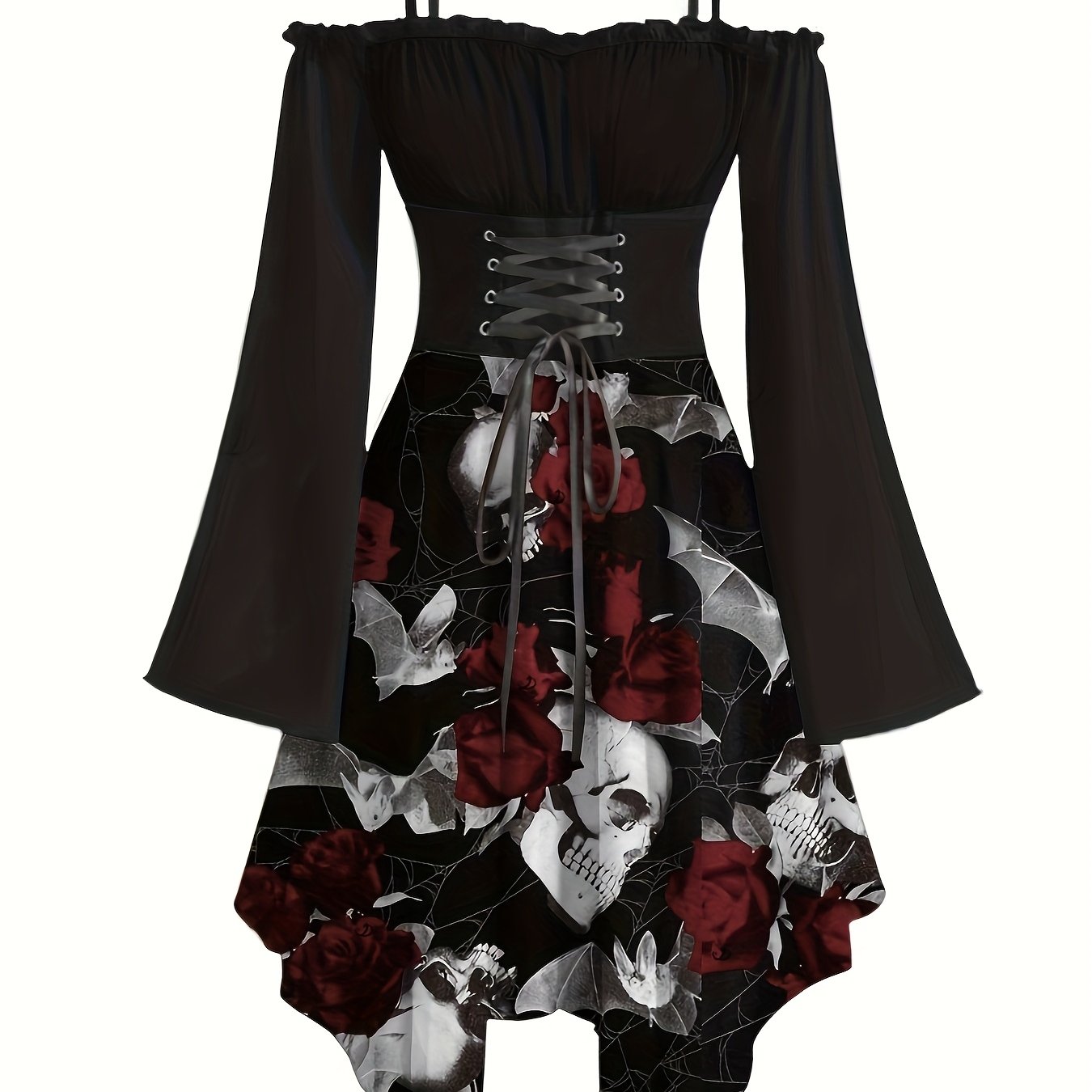 Women's Gothic Victorian-Inspired Sunflower & Skull Print Maxi Dress - Lace-Up Front with Ruffled Off-Shoulder Spaghetti Strap, Asymmetrical Hem & Bell Sleeves, Machine Washable A-Line Silhouette for Halloween, Themed Parties