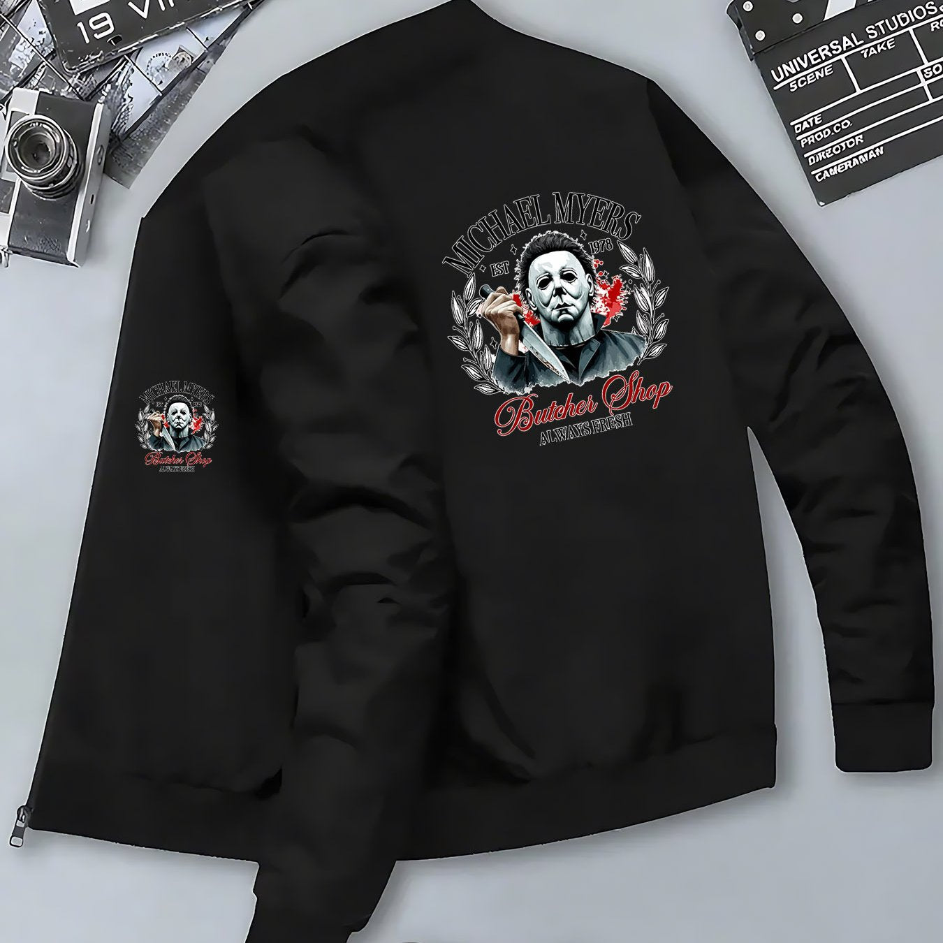 Men's Michael Myers Halloween Horror Graphic Bomber Jacket - Slim-Fit Zipper Closure, Stand Collar & Butcher Shop Print - Casual Winter Coat for Themed Events & Casual Attire (Machine Washable), Streetwear Fashion, Trendy Out