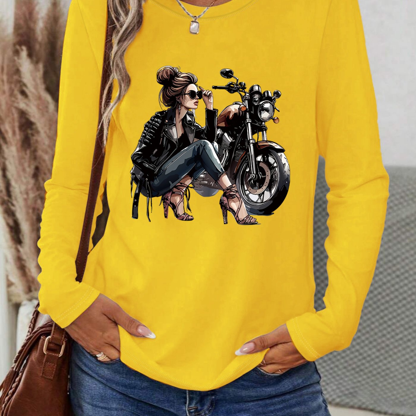 [Vibrant Yellow T-Shirt] Vibrant Yellow Women's Motorcycle Graphic Long Sleeve T-Shirt | Casual Round Neck Spring Summer Top with Geometric Print, Machine Washable, Relaxed Fit, Durable