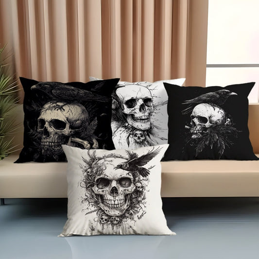 4pcs Set, Single-Sided Print Skull and Crow Theme Pillow Covers, Modern Decorative Cushion Cases for Sofa, Living Room, Outdoor Use – Multiple Sizes (Insert Not Included), Decorative Pillows for Bedroom, Sofa Throw Pillows,