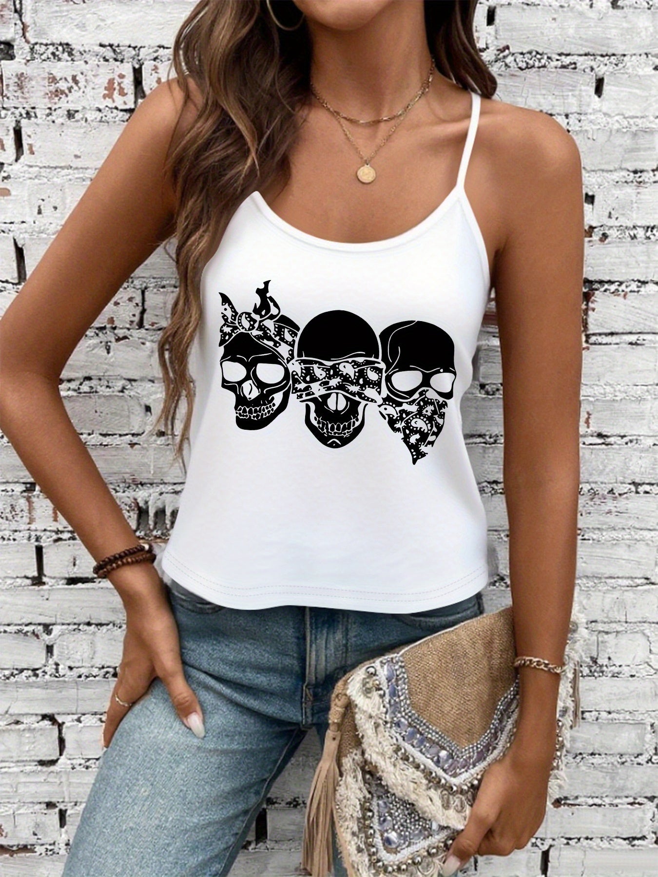 Women'S Sexy Gothic Graphic Tank Top - Sleeveless Shirt with Skulls, Edgy Streetwear Outfit for Concerts, Parties & Casual Attire - All-Season Fashion Statement Piece, Party Attire, Trendy Fashion, Comfortable Fit, Casual Wea