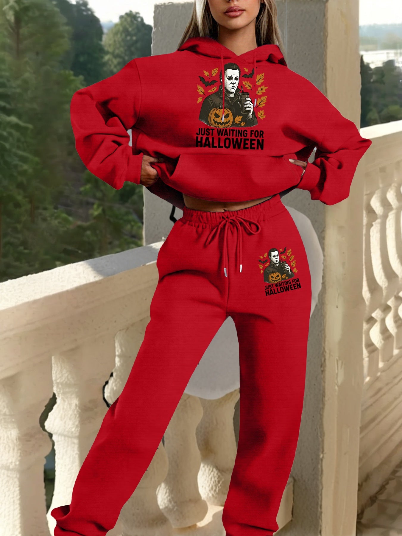 2025 Autumn Winter New Arrival, Halloween Horror Pattern Hoodie and Sweatpants Set, Casual Style, with Pockets, for Women, Fall/Winter Collection, Halloween Costume|Casual Style Hoodie|Pocketed Hoodie, Halloween Costume Set,