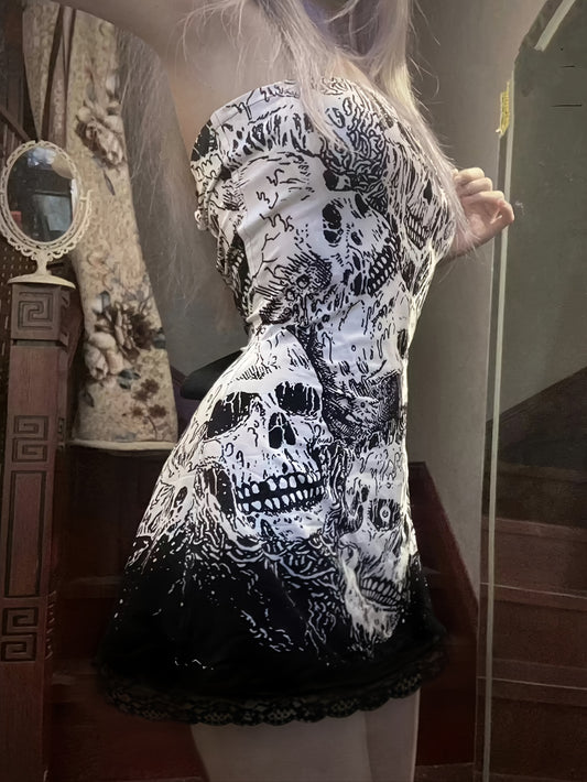 Women'S Gothic Rock Sexy Strapless Bodycon Mini Dress with Skull Print & Lace Trim - Halloween Party Outfit, Backless Design, Form-Fitting Stretchy Fabric, Edgy Gothic Style for Year-Round Wear, Wedding Guest Dresses Women