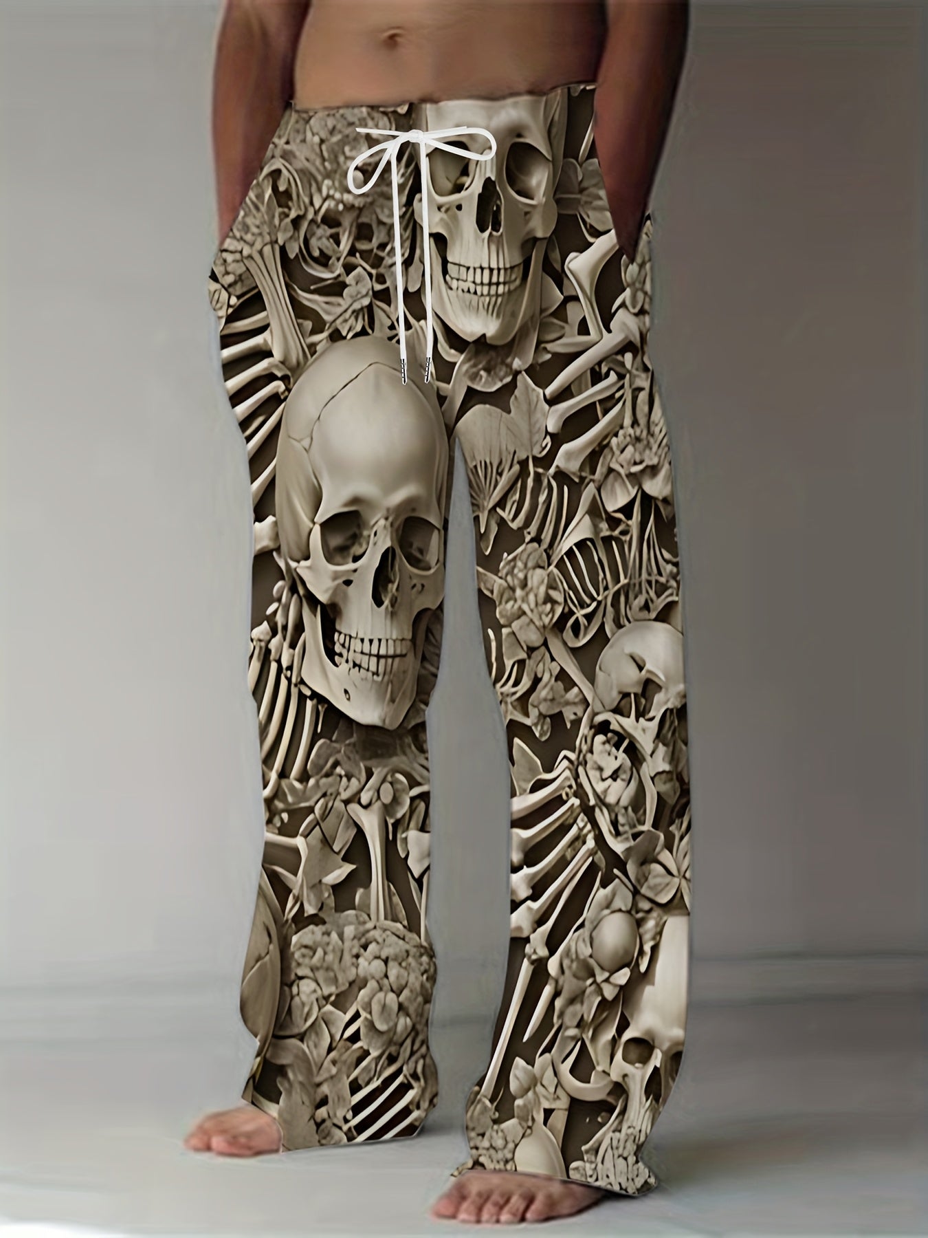[Skull Print Joggers] Black Golden Skulls Men's Loose Fit Joggers | Comfortable Retro Style, Straight Leg, Drawstring Waist, Casual, Fall & Winter Comfort Wear