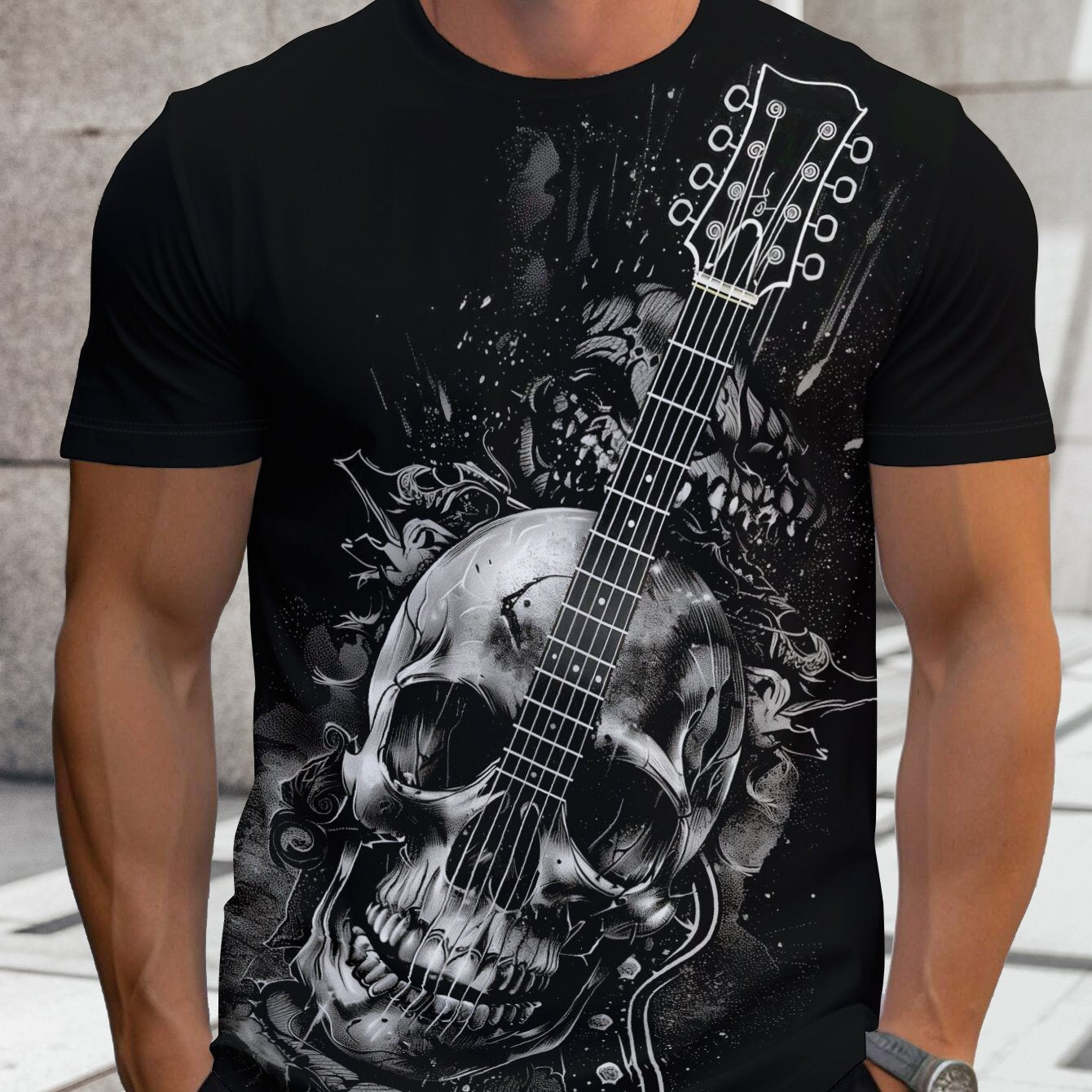 [RED SPY Rock T-Shirt] RED SPY Men's Rock Graphic T-Shirt - Black & White Skull Guitar Tee, Regular Fit Short Sleeve, Machine Washable, Hot Transfer Print, Concerts, Casual, Weekend, Edgy, Comfortable, Printed, Young Adults