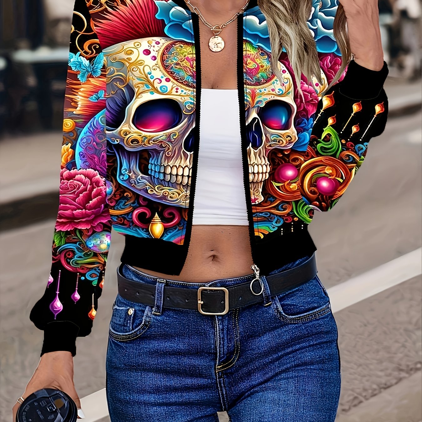 Women'S Gothic Skull Print Zip-Up Jacket - Vibrant Orange & Black Lantern Sleeve Casual Coat with Front Pockets, Perfect for Spring & Fall Fashion, Autumn Fashion Jacket | Vibrant Skull Design | Zippered Jacket