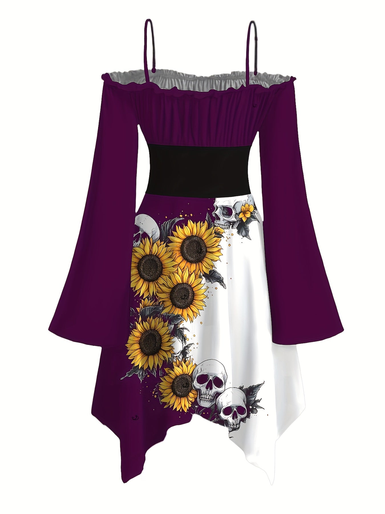 Women's Gothic Victorian-Inspired Sunflower & Skull Print Maxi Dress - Lace-Up Front with Ruffled Off-Shoulder Spaghetti Strap, Asymmetrical Hem & Bell Sleeves, Machine Washable A-Line Silhouette for Halloween, Themed Parties