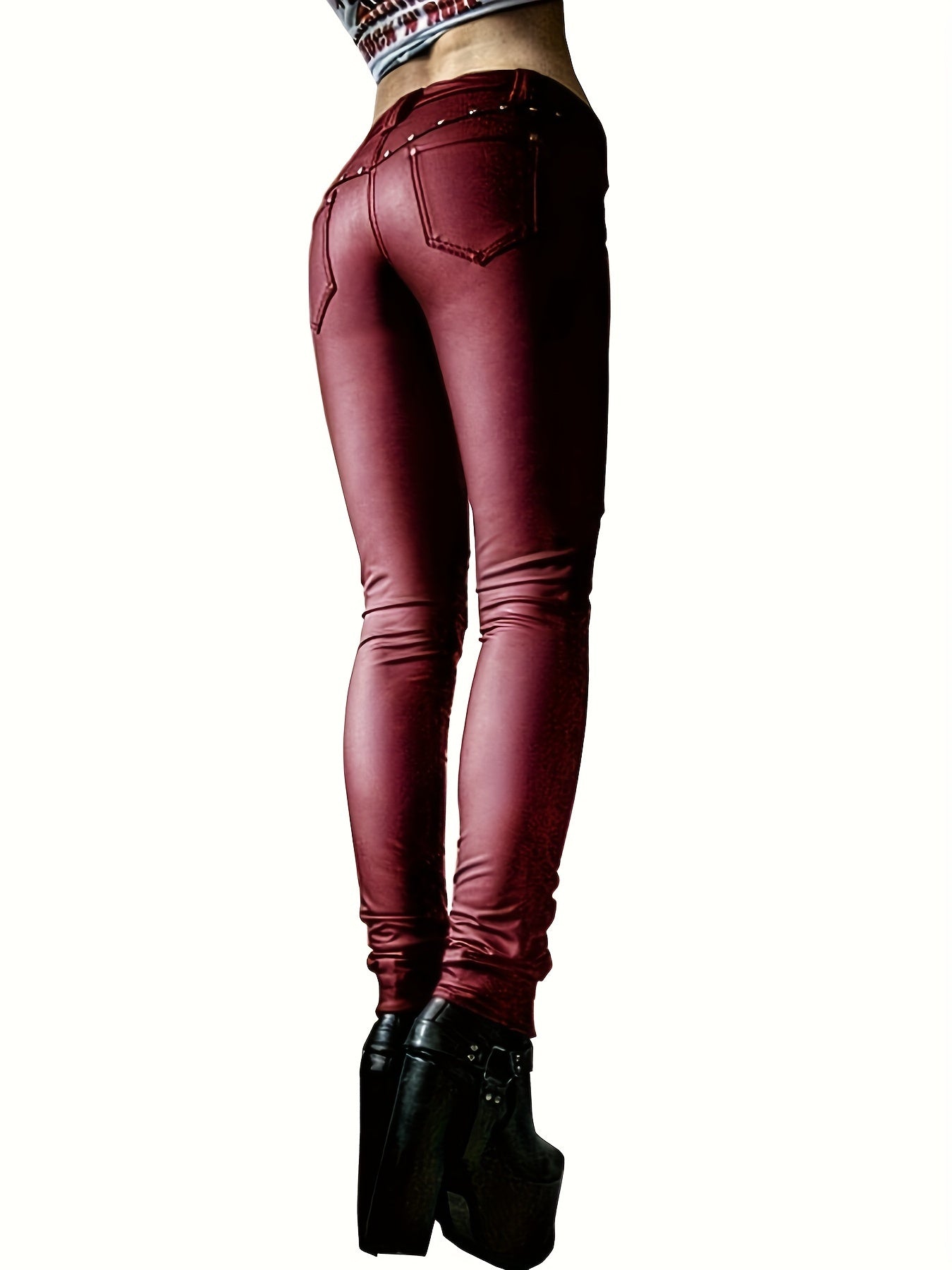 Women's Gothic Punk Skinny Leggings - High-Waisted PU Motorcycle Trousers with Lace-Up Details, Rock Club Style, Black, Stretchy & Comfortable Fit for Spring/Fall