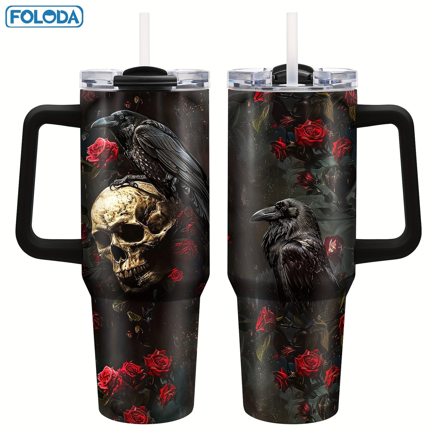 [Cool Skull Tumbler] Foloda 1pc Stainless Steel 40oz Tumbler with Lid Handle Straw, Cool Skull Raven, Gothic Skull Coffee Mug, Travel Cup, Birthday Gifts for Skeleton Lovers, Horror Lovers Christmas Gifts for Halloween Gift O