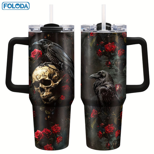 [Cool Skull Tumbler] Foloda 1pc Stainless Steel 40oz Tumbler with Lid Handle Straw, Cool Skull Raven, Gothic Skull Coffee Mug, Travel Cup, Birthday Gifts for Skeleton Lovers, Horror Lovers Christmas Gifts for Halloween Gift O