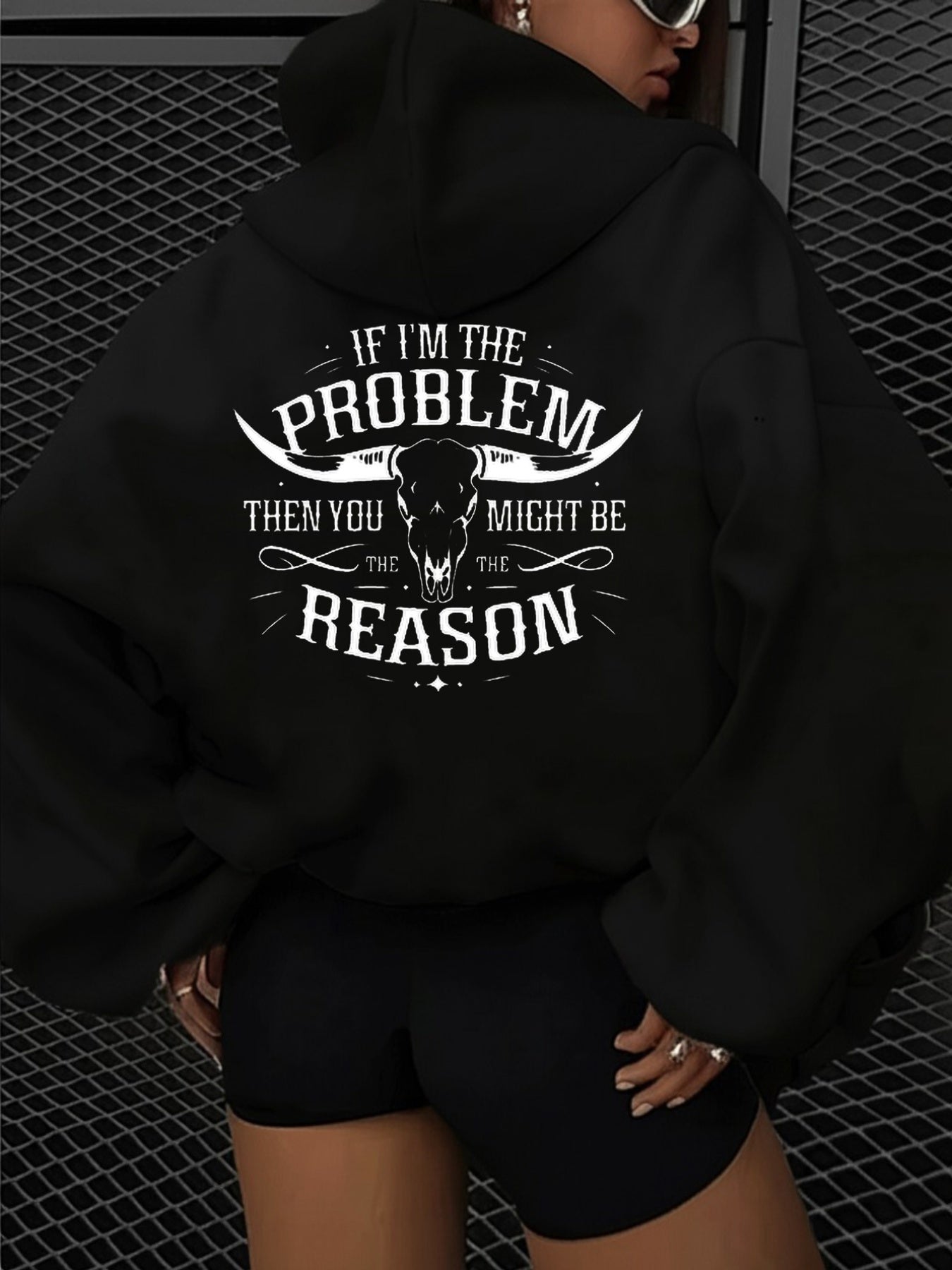 Women'S Black Hoodie with White Bull Skull & "If I'm the Problem, You Might Be the Reason" Graphic Print - Western Style Casual Pullover Sweatshirt for Fall Winter, Cozy Round Neck Hooded Sweatshirt, Trendy Streetwear & Gift