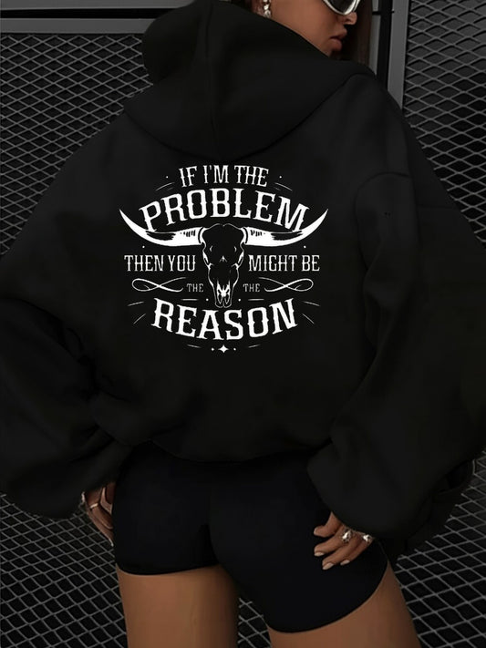 Women'S Black Hoodie with White Bull Skull & "If I'm the Problem, You Might Be the Reason" Graphic Print - Western Style Casual Pullover Sweatshirt for Fall Winter, Cozy Round Neck Hooded Sweatshirt, Trendy Streetwear & Gift