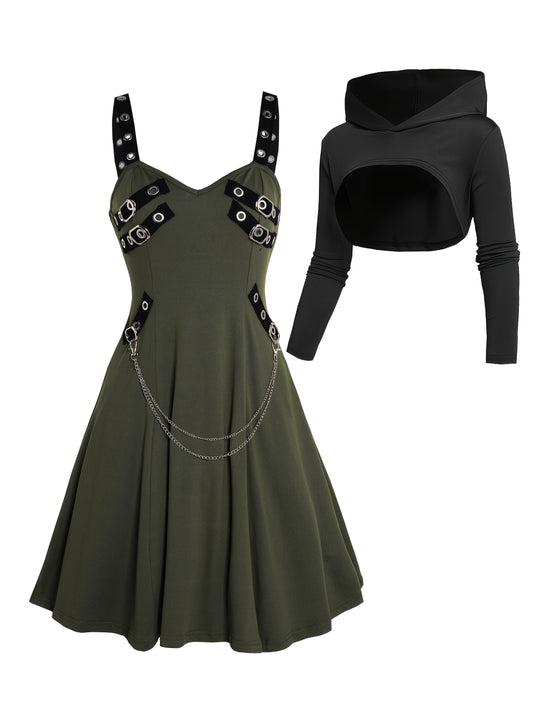 Unique Gothic Style Two-Piece Set: Rock Gothic Metal Piece Decorated V-Neck Vest Dress with Hooded Long Sleeve Top, Detachable Chain Vest Skirt and Curved Hem Caped Long Sleeve Shirt, Versatile Separates Women's Outfit for Pa