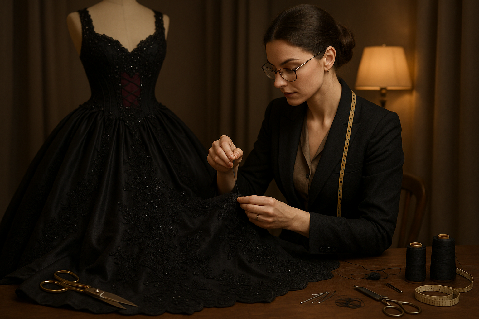 female tailoring a gothic wedding gown professional 
