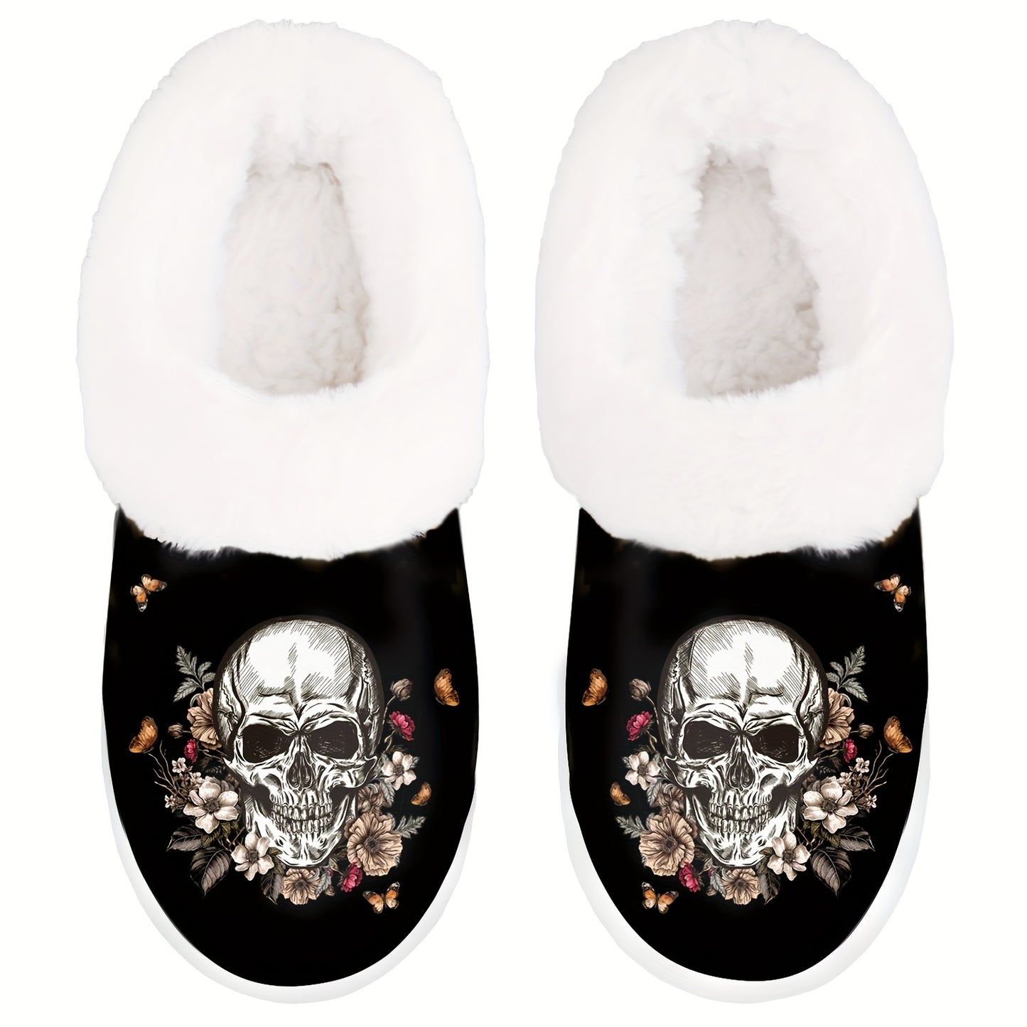 Women'S Gothic Halloween Slippers - Slip-On House Shoes with Non-Slip Rubber Sole, Soft Indoor/Outdoor Winter Footwear - Machine Washable & Skull Floral design for Halloween Party Decorations - Cozy Cold Weather Footwear Gift