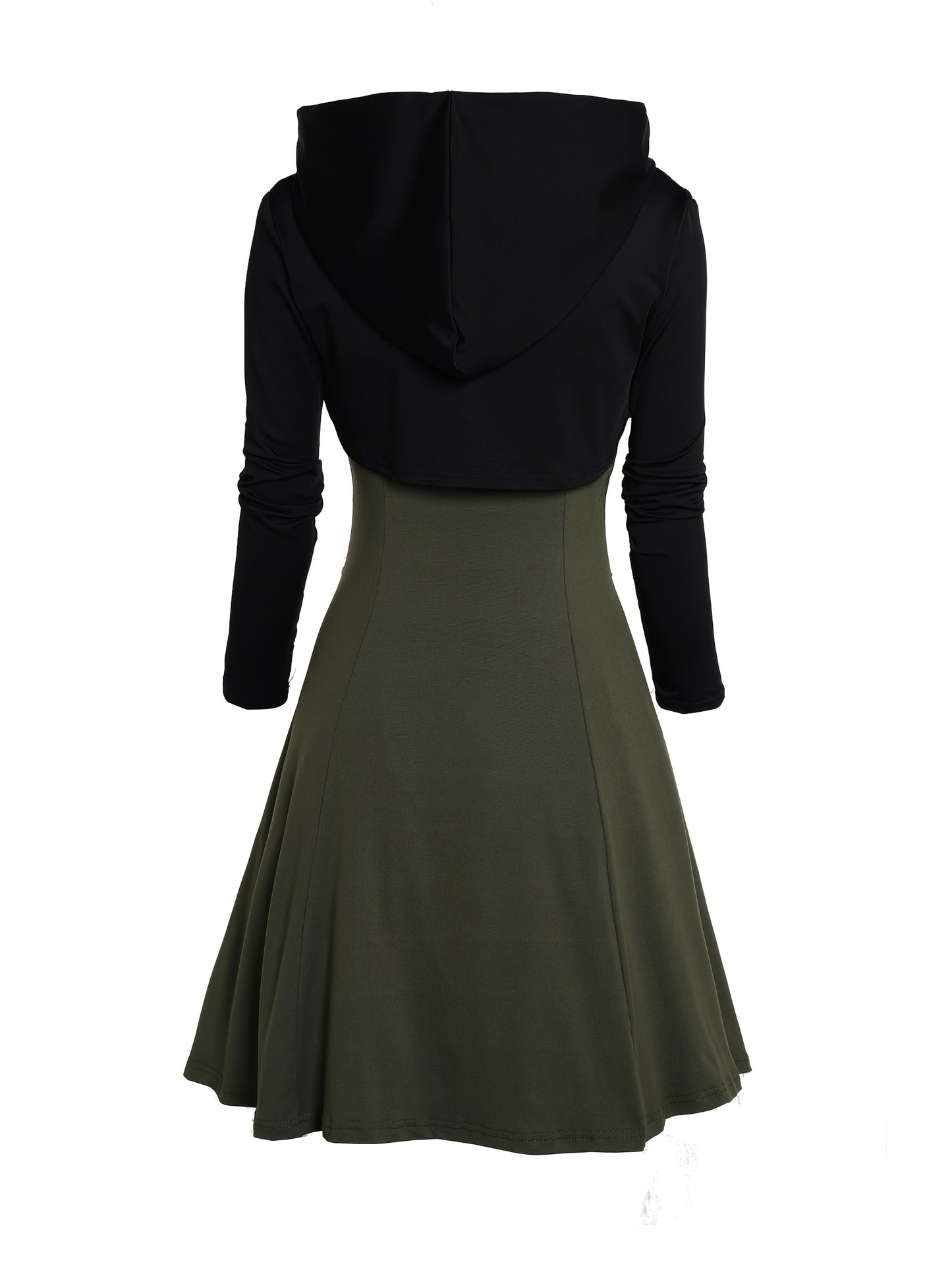 Unique Gothic Style Two-Piece Set: Rock Gothic Metal Piece Decorated V-Neck Vest Dress with Hooded Long Sleeve Top, Detachable Chain Vest Skirt and Curved Hem Caped Long Sleeve Shirt, Versatile Separates Women's Outfit for Pa