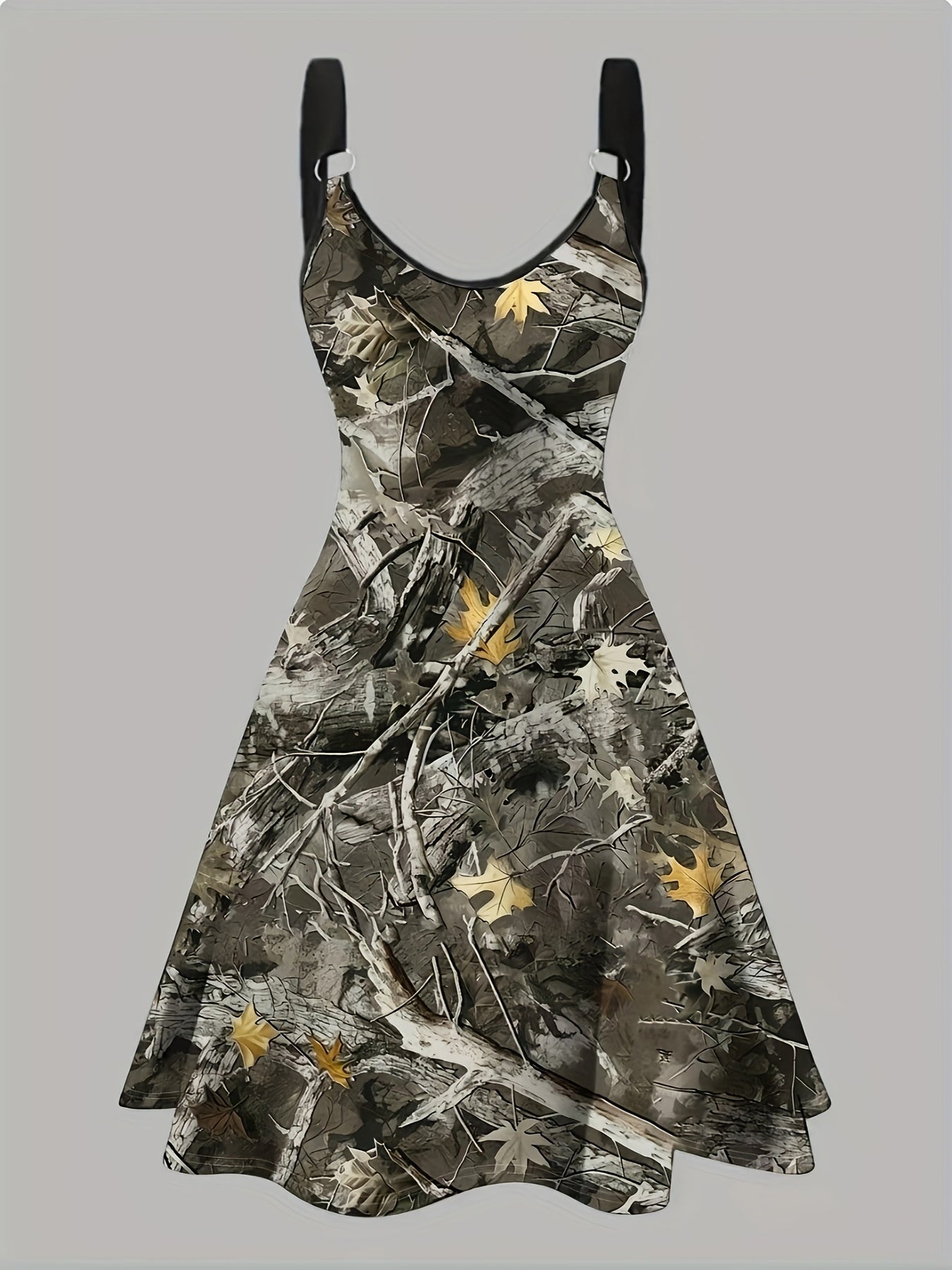 Women'S Elegant Camouflage Pinafore Dress with Golden Maple Leaf Print, Sleeveless, Round Neck, Summer Fashion, Adult Fashion