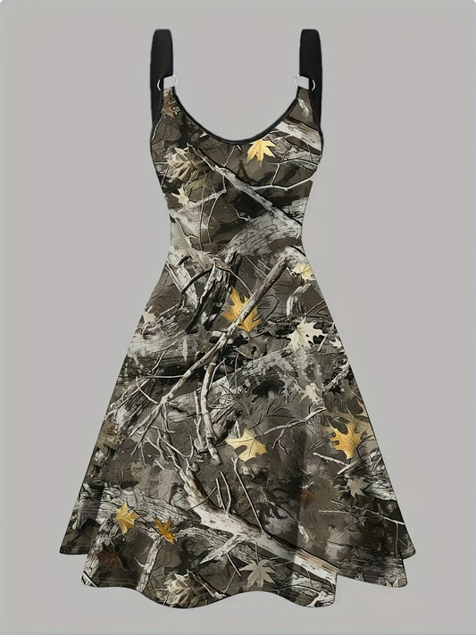 Women'S Elegant Camouflage Pinafore Dress with Golden Maple Leaf Print, Sleeveless, Round Neck, Summer Fashion, Adult Fashion