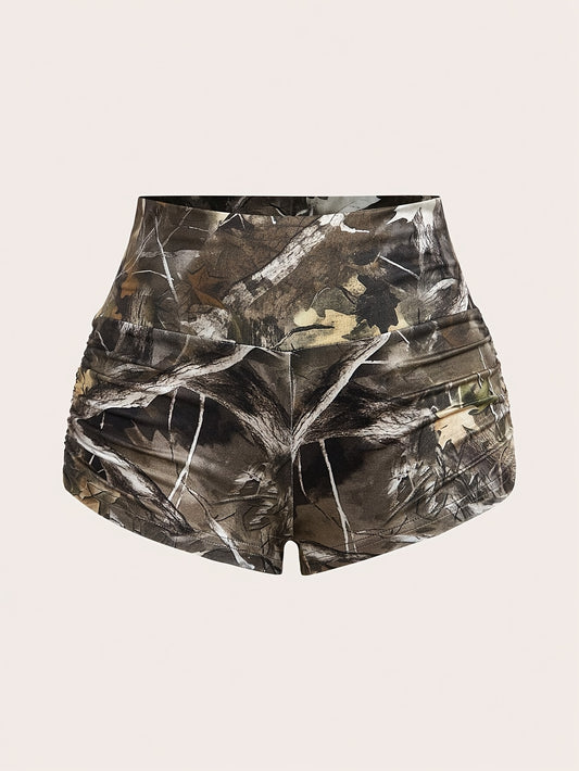 Women's Camouflage Tree Branch Print Cycling Shorts - All-Season Super Short Shorts with Full-Body Camo Design, Medium Stretch & Elastic Waistband for,, - Machine Washable Outdoor s Apparel (Brown/Black/Gray/Green) - Casual S