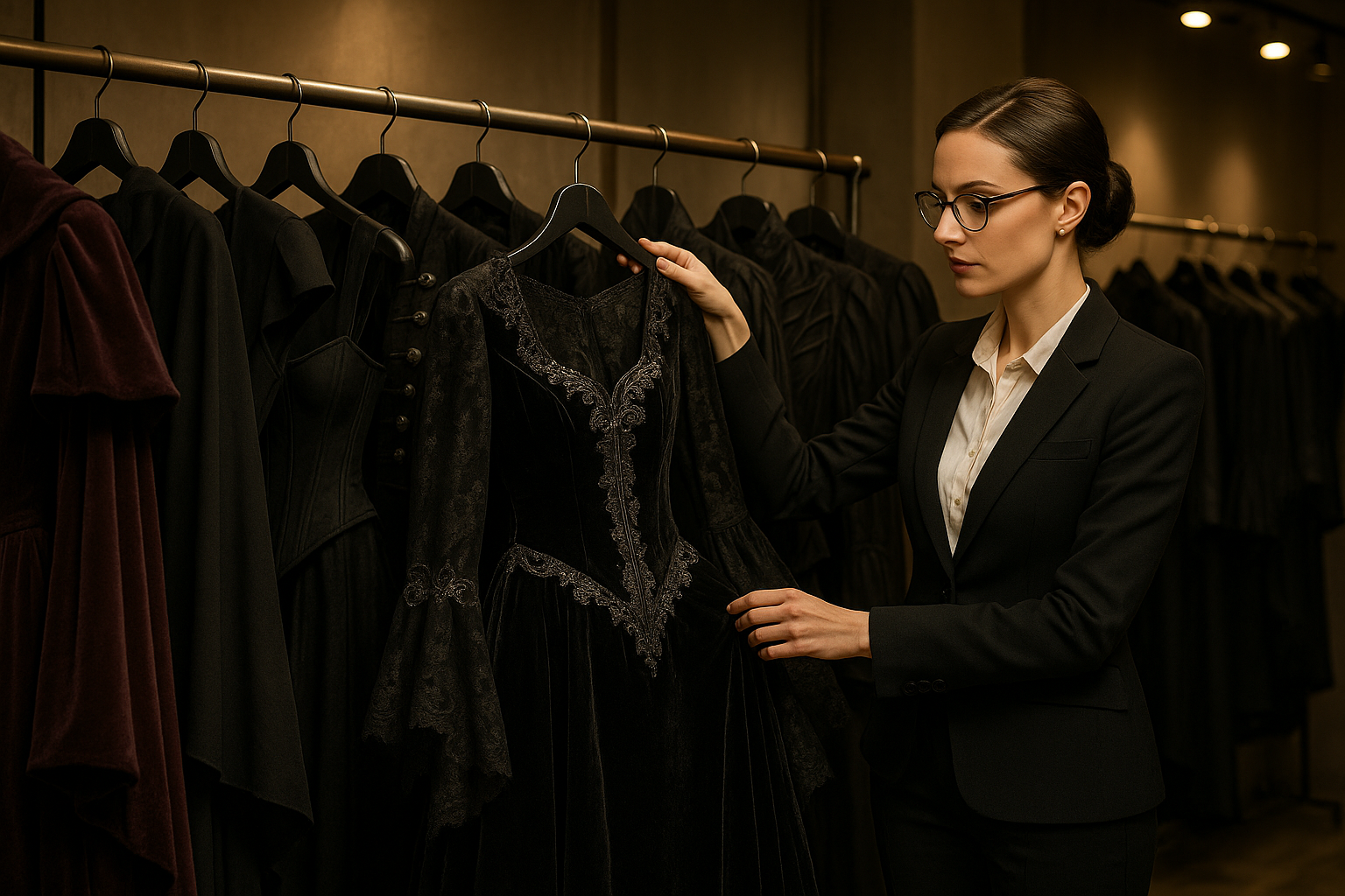 personal stylist choosing gothic couture clothing off rack